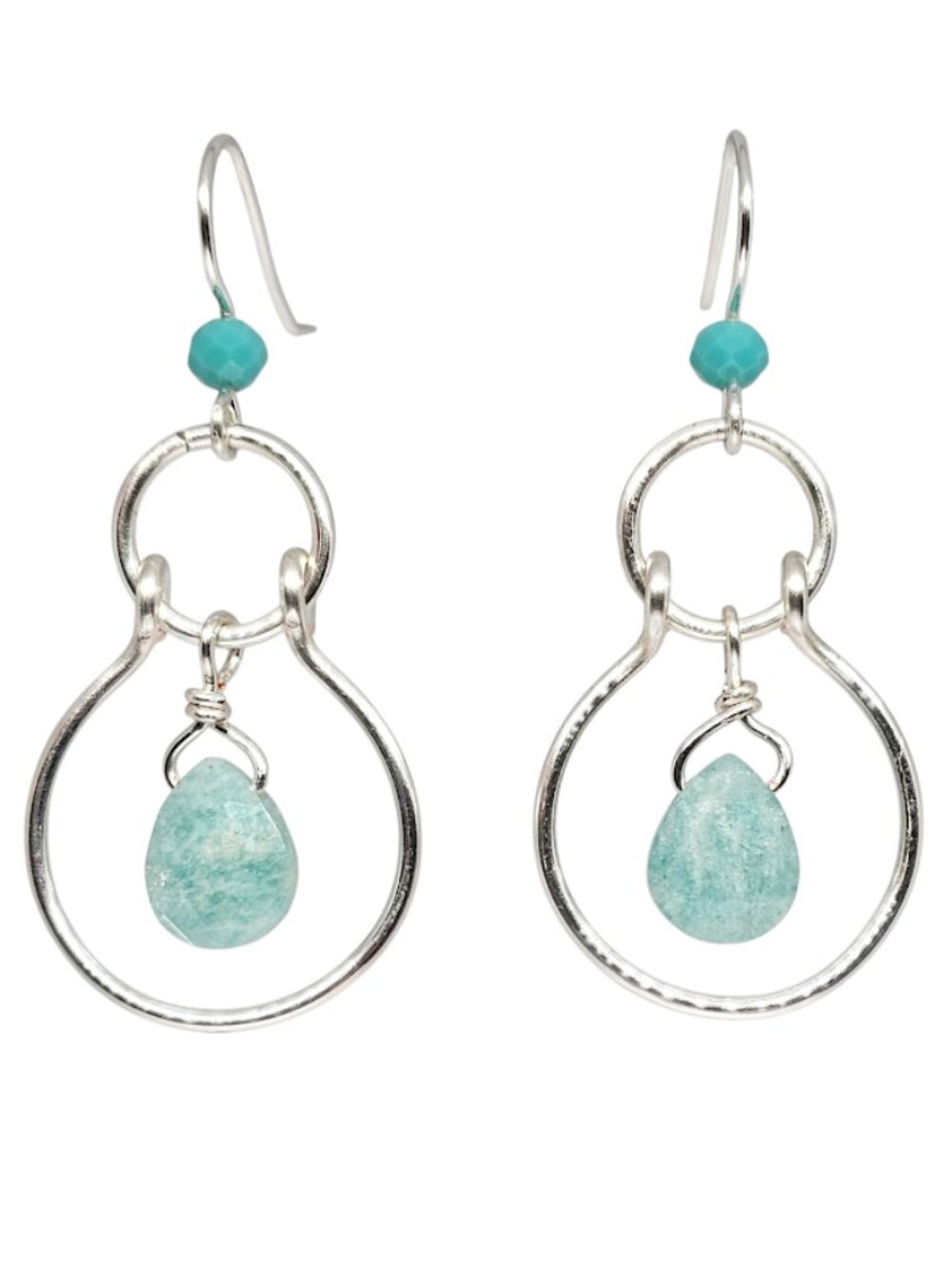 Handmade Amazonite Turquoise Briolette Silver Hoop Dangle Boho Earrings